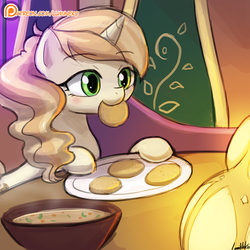 Size: 750x750 | Tagged: safe, artist:lumineko, sweet biscuit, pony, unicorn, g4, spice up your life, adorabiscuit, cookie, curry, cute, female, food, mare, mouth hold, nom, patreon, patreon logo, solo