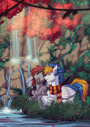 Size: 1066x1500 | Tagged: safe, artist:margony, oc, oc only, bat pony, pegasus, pony, clothes, colored wings, colored wingtips, duo, eyes closed, fangs, fluffy, grass, hug, prone, scarf, scenery, smiling, water, waterfall, winghug