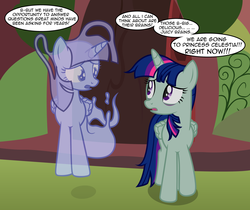 Size: 2741x2302 | Tagged: safe, artist:badumsquish, derpibooru exclusive, twilight sparkle, alicorn, ghost, ghost pony, pony, undead, zombie, zombie pony, g4, dead, dialogue, duality, eye contact, female, floating, golden oaks library, high res, open mouth, sad, talking to herself, twilight sparkle (alicorn), wat, worried