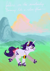 Size: 905x1280 | Tagged: safe, artist:spectralunicorn, glory, g1, cloud, female, mountain, roller skates, solo, tail bow, text, walkman