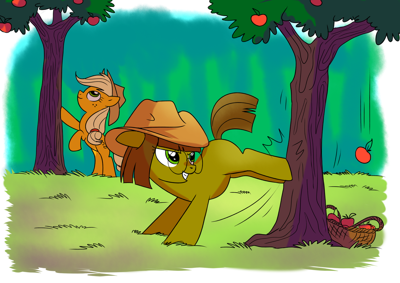 Applejack Tree #1176994 - safe, artist:yulyeen, applejack, oc, oc:plain jane, apple ...