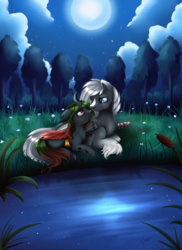 Size: 2550x3509 | Tagged: safe, artist:pridark, oc, oc only, changeling, pegasus, pony, blushing, double colored changeling, duo, eye contact, forest, high res, interspecies, moon, night, water