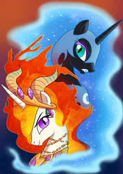 Size: 2480x3507 | Tagged: safe, artist:yulyeen, nightmare moon, nightmare star, g4, bust, dark side, duo, high res, portrait, xk-class end-of-the-world scenario
