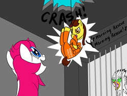 Size: 1024x768 | Tagged: artist needed, source needed, safe, oc, oc only, griffon, crash, morning rescue, onomatopoeia, text