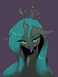 Size: 1481x1947 | Tagged: safe, artist:yajima, queen chrysalis, changeling, changeling queen, g4, bust, female, open mouth, pixiv, portrait, purple background, simple background, solo, tongue out