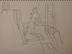 Size: 960x720 | Tagged: safe, artist:cluesihavenone, derpibooru exclusive, changeling, bus, lowres, sitting, sketch, solo, traditional art