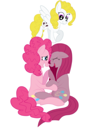 Size: 1936x2592 | Tagged: safe, artist:squipycheetah, pinkie pie, surprise, angel, g4, comforting, cute, cuteamena, diapinkes, duality, eyes closed, floppy ears, guardian, happy, holding hooves, hug, looking down, open mouth, pinkamena diane pie, pinkiemena, raised hoof, self ponidox, simple background, sitting, size difference, smiling, transparent background, trinity pie, trio, vector