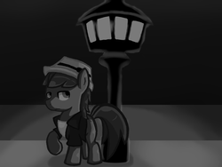 Size: 1024x768 | Tagged: safe, artist:villagerpony13, oc, oc only, oc:phillip finder, black and white, grayscale, hat, monochrome, noir, solo, streetlight, trilby