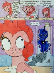 Size: 2184x2962 | Tagged: safe, artist:darkest-lunar-flower, pinkie pie, princess luna, g4, comic, dialogue, flour, high res, luna is not amused, singing, smile song, traditional art