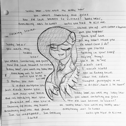 Size: 3021x3021 | Tagged: safe, artist:chelseaz123, oc, oc only, high res, lined paper, melanie martinez, monochrome, pen drawing, solo, song reference, teddy bear, traditional art, vent, wings