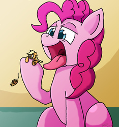 Size: 761x814 | Tagged: safe, artist:ninegates, applejack, pinkie pie, earth pony, pony, g4, appletini, female, fetish, imminent vore, macro, mare, micro, open mouth, tongue out