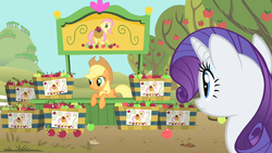 Size: 1280x720 | Tagged: safe, screencap, applejack, fluttershy, rarity, pony, g4, green isn't your color, apple, food, rarity looking at food