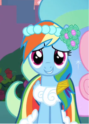 Size: 430x602 | Tagged: safe, screencap, rainbow dash, pegasus, pony, a canterlot wedding, g4, bridesmaid dash, bridesmaid dress, clothes, cropped, cute, dashabetes, dress, female, looking at you, mare, rainbow dash always dresses in style, smiling, solo