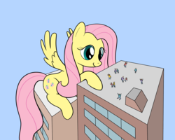 Size: 1500x1200 | Tagged: safe, artist:mightyshockwave, fluttershy, pegasus, pony, g4, building, female, giant pony, giantess, giantshy, macro, mare, people, solo focus, wingboner