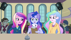 Size: 1280x720 | Tagged: safe, screencap, bon bon, dean cadance, jet set, princess cadance, princess celestia, princess luna, principal celestia, snails, sweetie drops, vice principal luna, equestria girls, g4, my little pony equestria girls: friendship games