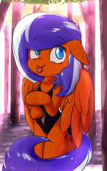 Size: 573x910 | Tagged: safe, artist:wavepon, oc, oc only, oc:wave horizon, pegasus, pony, semi-anthro, :p, clothes, looking at you, one-piece swimsuit, school swimsuit, solo, sukumizu, swamp, swimsuit, tongue out, tree, water