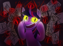 Size: 2500x1842 | Tagged: safe, artist:arfaise, twilight sparkle, pony, unicorn, twilight sparkle's secret shipfic folder, g4, bill cipher, crossover, female, gravity falls, male, obsession, possessed, solo, xk-class end-of-the-world scenario