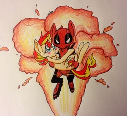 Size: 2565x2337 | Tagged: safe, artist:ameliacostanza, sunset shimmer, pony, unicorn, g4, bridal carry, crossover, deadpool, explosion, high res, marvel, ponified, traditional art, wade wilson