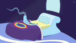 Size: 11200x6400 | Tagged: safe, artist:parclytaxel, rainbow dash, dullahan, headless horse, pegasus, pony, g4, .svg available, absurd resolution, bed, crepuscular rays, disembodied head, female, headless, mare, morning ponies, pillow, sitting, solo, vector