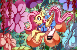 Size: 1700x1100 | Tagged: safe, artist:ruef, fluttershy, pegasus, pony, g4, alice in wonderland, clothes, colored pupils, crossover, cute, dress, female, flower, heart eyes, mare, shyabetes, socks, solo, wingding eyes