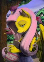 Size: 1421x2000 | Tagged: artist needed, safe, fluttershy, bird, anthro, g4, female, solo