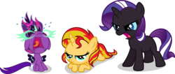 Size: 2919x1243 | Tagged: safe, artist:punzil504, nightmare rarity, rarity, sci-twi, sunset shimmer, twilight sparkle, pony, unicorn, equestria girls, g4, 5-year-old, baby, baby pony, babylight sparkle, babynight sparkle, babyset shimmer, cute, equestria girls ponified, female, filly, filly rarity, midnight sparkle, midnightabetes, ponified, simple background, transparent background, younger