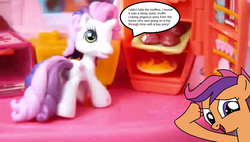 Size: 1158x660 | Tagged: safe, scootaloo, sweetie belle (g3), pegasus, pony, g3, g3.5, g4, commercial, excuse, female, fire, food, implied derpy, implied doctor whooves, irl, mare, muffin, photo, recolor, speech bubble, time travel, toy