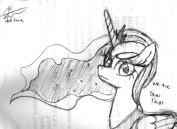 Size: 1497x1096 | Tagged: safe, artist:leadhooves, princess luna, g4, female, monochrome, solo, traditional art