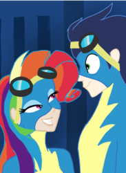 Size: 720x981 | Tagged: safe, artist:tsundra, rainbow dash, soarin', human, g4, newbie dash, clothes, female, humanized, male, rainbow fash, scene interpretation, ship:soarindash, shipping, straight, wonderbolts uniform