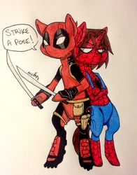 Size: 1743x2224 | Tagged: safe, artist:ameliacostanza, spiders and magic: rise of spider-mane, clothes, costume, crossover, deadpool, duo, katana, male, marvel, peter parker, ponified, spider-man, superhero, sword, traditional art, wade wilson, weapon