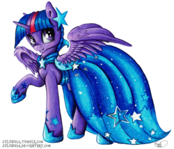 Size: 1024x877 | Tagged: safe, artist:julunis14, twilight sparkle, alicorn, pony, g4, clothes, dress, female, gala dress, raised hoof, simple background, solo, spread wings, traditional art, transparent background, twilight sparkle (alicorn)