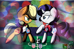 Size: 9000x6000 | Tagged: safe, artist:iamthemanwithglasses, artist:therandomjoyrider, applejack, rarity, g4, absurd resolution, amerijack, ball, clothes, collaboration, england, football, jersey, united states