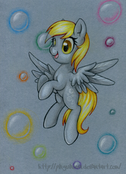 Size: 1092x1505 | Tagged: safe, artist:pingwinowa, derpy hooves, pegasus, pony, g4, bubble, female, flying, mare, solo, traditional art