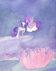 Size: 1204x1544 | Tagged: safe, artist:enuwey, lotus blossom, rarity, oc, oc:kydose, pegasus, pony, g4, canon x oc, cloud, female, flower, kissing, love, male, raridose, shipping, straight, traditional art, water, watercolor painting