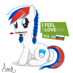 Size: 894x894 | Tagged: dead source, safe, artist:ascix, oc, oc only, earth pony, pony, brush, cute, earth pony oc, looking at you, mouth hold, nation ponies, paintbrush, ponified, recolor, signature, slovenia, solo