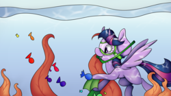 Size: 6935x3880 | Tagged: safe, artist:cutepencilcase, twilight sparkle, alicorn, fish, pony, g4, absurd resolution, dive mask, female, missing cutie mark, snorkel, snorkeling, solo, swimming, twilight sparkle (alicorn), underwater