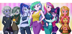 Size: 1600x753 | Tagged: safe, artist:uotapo, babs seed, dean cadance, limestone pie, marble pie, princess cadance, princess celestia, princess luna, principal celestia, sci-twi, sunflower (g4), twilight sparkle, vice principal luna, equestria girls, idw, adorababs, alternate hairstyle, armpits, belly button, blazer, blushing, breasts, busty princess cadance, busty princess celestia, cleavage, clothes, colored pupils, cute, cutedance, cutie mark accessory, dragon ball, dragon ball (object), dragon ball z, equestria girls-ified, eye contact, female, glasses, hair over one eye, hug, limabetes, long hair, long socks, looking at each other, looking down, looking up, low rise jeans, lunabetes, marblebetes, meganekko, midriff, miniskirt, onee-sama, open smile, pleated skirt, ponytail, sibling bonding, sibling love, sister-in-law, sisterly love, sisters, sisters-in-law, skirt, sleeveless, smiling, socks, stupid sexy princess luna, sweet dreams fuel, tanktop, thigh highs, twiabetes, uotapo is trying to murder us, wall of tags, zettai ryouiki