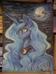 Size: 3456x4608 | Tagged: safe, artist:fenwaru, princess luna, alicorn, pony, g4, female, moon, solo, stars, traditional art