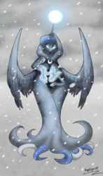 Size: 1000x1700 | Tagged: safe, artist:kerorolover16, princess luna, spirit of hearth's warming yet to come, g4, cloak, clothes, female, glowing eyes, magic, snow, snowfall, solo, spread wings