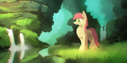 Size: 3000x1499 | Tagged: safe, artist:fuzzyfox11, roseluck, earth pony, pony, g4, female, grass, mare, river, rock, solo, stream, water