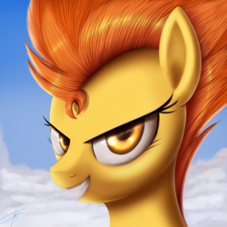 Size: 1000x1000 | Tagged: dead source, safe, artist:jeki, spitfire, pegasus, pony, g4, bust, cloud, female, grin, mare, portrait, signature, sky background, smiling, solo