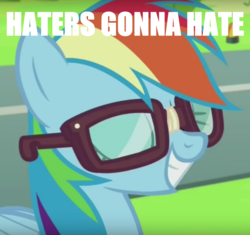 Size: 804x756 | Tagged: safe, edit, edited screencap, screencap, rainbow dash, g4, my little pony: friendship is magic, newbie dash, season 6, caption, eyes closed, glasses, haters gonna hate, image macro, meme, reading rainboom, smug