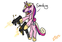 Size: 1024x700 | Tagged: safe, artist:illkillyoutoo, princess cadance, g4, context is for the weak, dual wield, female, gun, meme, nigel thornberry, not salmon, smashing (meme), solo, submachinegun, tmp, wat, weapon