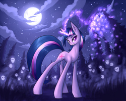 Size: 1024x819 | Tagged: safe, artist:asimos, twilight sparkle, pony, g4, female, glowing horn, horn, impossibly long legs, long legs, magic, moon, night, solo, starry night