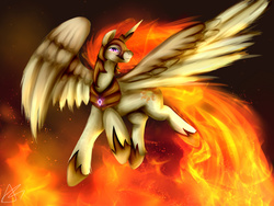 Size: 1600x1200 | Tagged: safe, artist:bunnzee, nightmare star, princess celestia, g4, female, fire, flying, mane of fire, solo