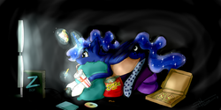 Size: 7200x3600 | Tagged: safe, artist:loladotz, princess luna, gamer luna, g4, absurd resolution, cheetos, clothes, female, food, game console, magic, pizza, pizza box, prone, socks, soda, solo, telekinesis