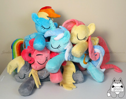 Size: 4200x3300 | Tagged: safe, artist:janellesplushies, derpy hooves, fluttershy, lyra heartstrings, pinkie pie, rainbow dash, pegasus, pony, g4, cuddle puddle, cuddling, cute, daaaaaaaaaaaw, female, irl, mare, photo, plushie, pony pile