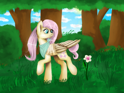 Size: 1600x1200 | Tagged: safe, artist:lanastein, fluttershy, g4, bandana, female, flower, forest, solo