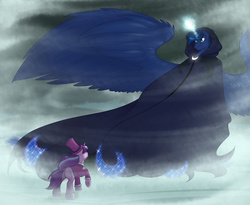 Size: 1023x840 | Tagged: safe, artist:shinizavr, princess luna, snowfall frost, spirit of hearth's warming yet to come, starlight glimmer, a hearth's warming tail, g4, blizzard, cloak, clothes, impossibly large wings, magic, raised hoof, scene interpretation, snow, snowfall, spread wings, wind