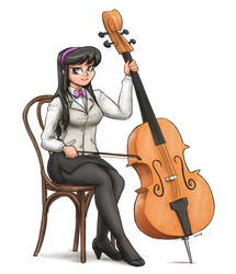 Size: 1103x1280 | Tagged: safe, artist:king-kakapo, octavia melody, human, g4, bow (instrument), cello, chair, clothes, female, high heels, humanized, looking at you, musical instrument, pantyhose, shoes, sitting, smiling, solo